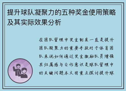 提升球队凝聚力的五种奖金使用策略及其实际效果分析