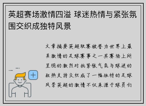 英超赛场激情四溢 球迷热情与紧张氛围交织成独特风景